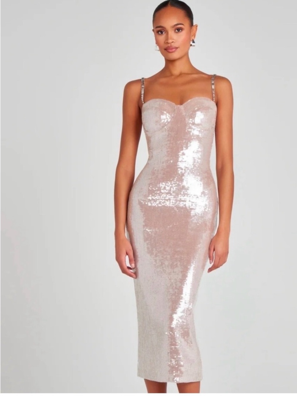 NADINE MERABI Blush Sequin Sweetheart Midi Dress